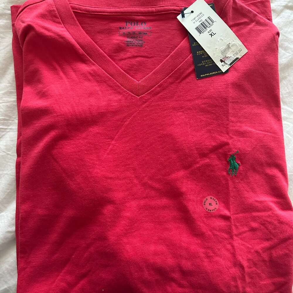 NWT Polo Ralph Lauren Solid RED Short Sleeve V-Neck Cotton T Shirt XL